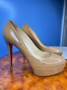Christian Louboutin Beige Patent Platform Pumps with Red Soles